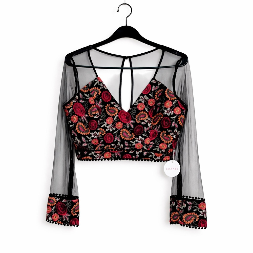 LUXXEL Embroidered Mesh Crop Top Sheer Sleeve Bustier Festival NWT M/L Summer - Picture 1 of 14